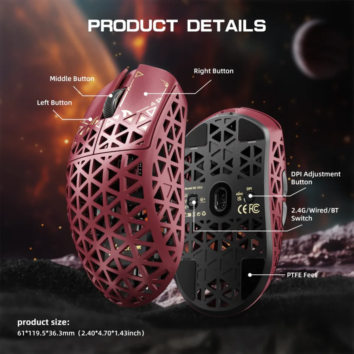 Мышь игровая беспроводная Attack Shark R5 Ultra Carbon Fiber Wireless PAW3950MAX / Red