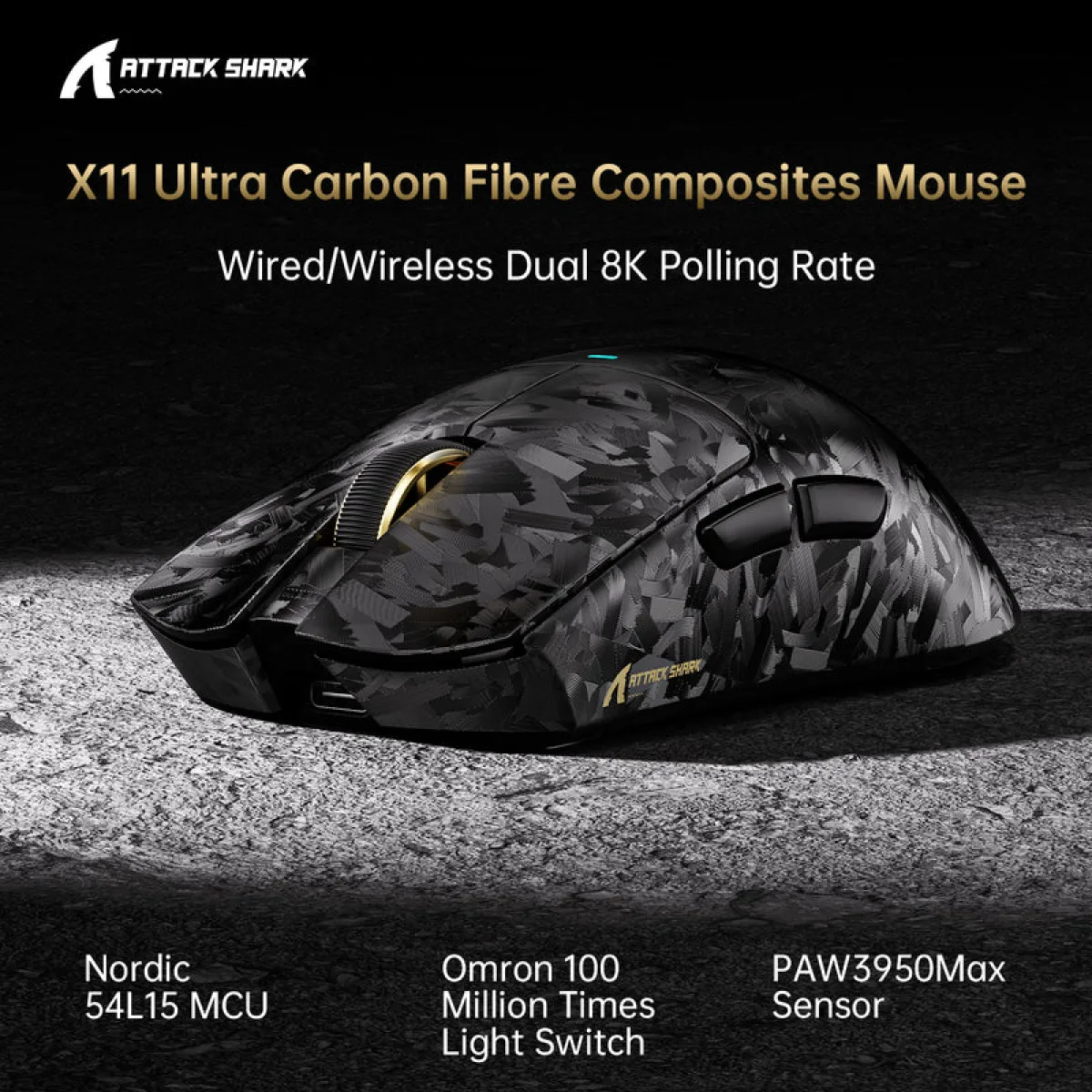 Мышь игровая беспроводная Attack Shark X11 Ultra Carbon Fiber Wireless 8K PAW3950MAX Wireless / Black