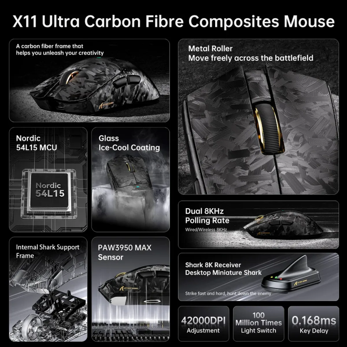 Мышь игровая беспроводная Attack Shark X11 Ultra Carbon Fiber Wireless 8K PAW3950MAX Wireless / Black