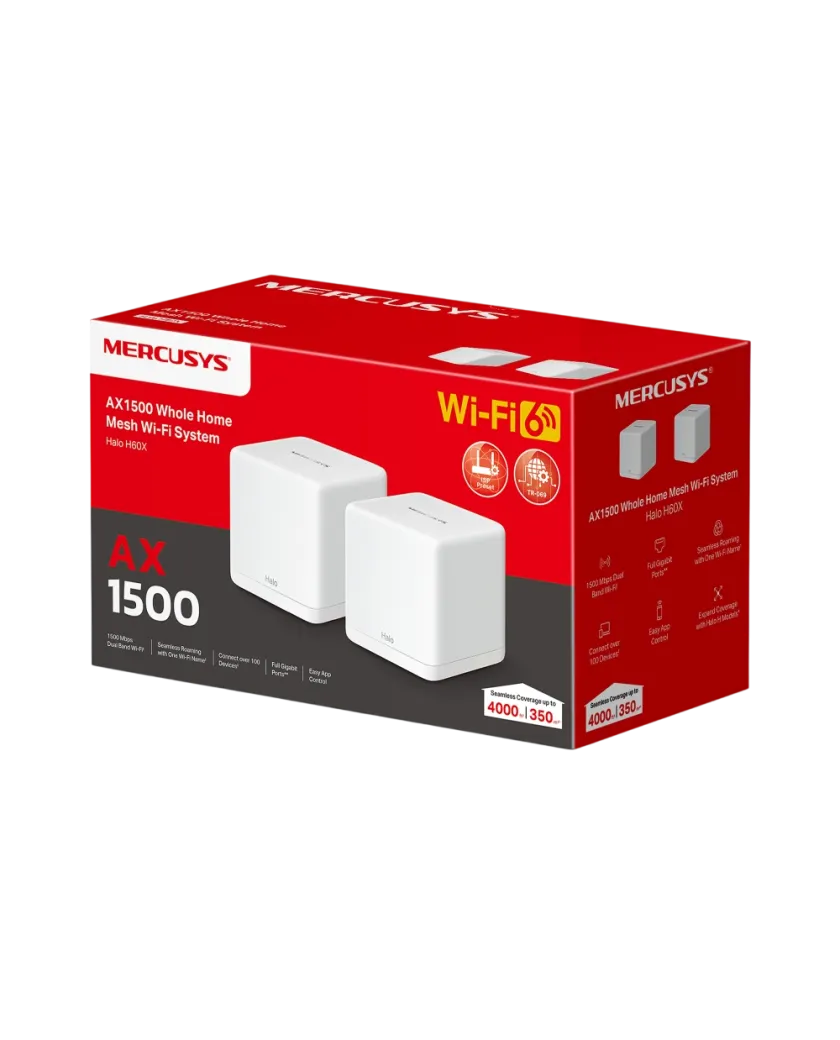 Mercusys Halo H60X (2-pack) AX1500 Whole Home Mesh Wi-Fi 6 System 2-pack: 1× Halo H60XR + 1× Halo H60XS