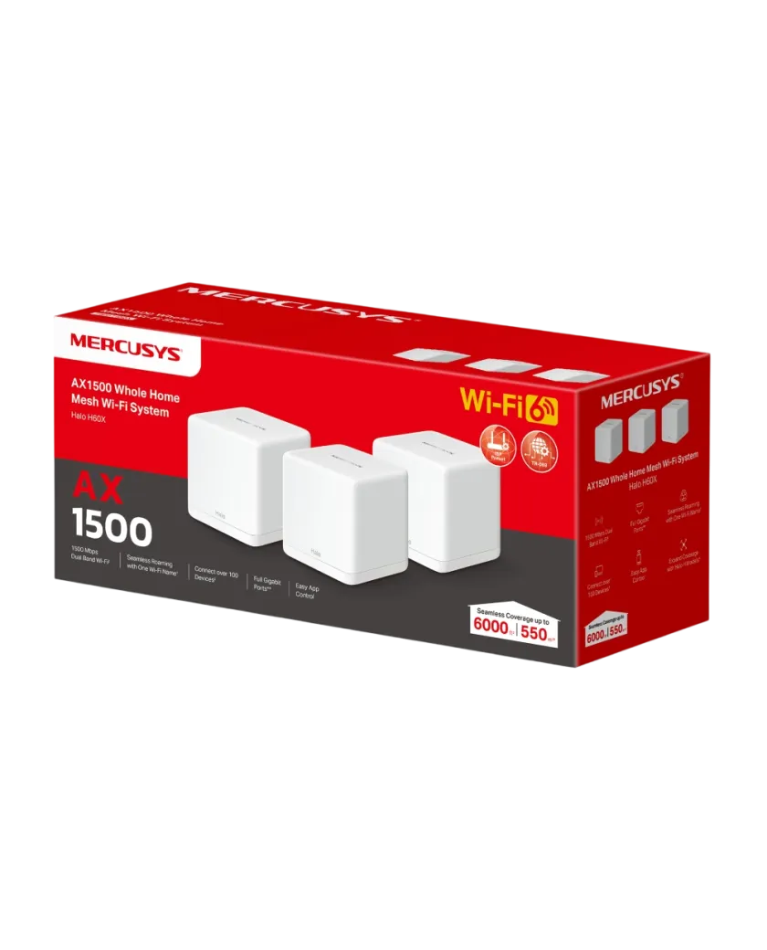 Mercusys Halo H60X (3-pack) AX1500 Whole Home Mesh Wi-Fi 6 System 3-pack: 1× Halo H60XR + 2× Halo H60XS