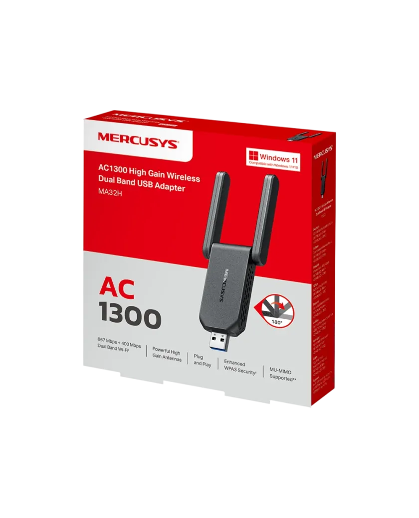 Mercusys MA32H / AC1300 Беспроводной двухдиапазонный USB-адаптер с высоким коэффициентом усиления