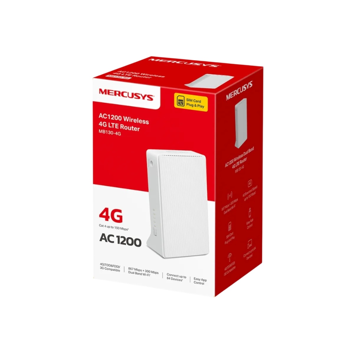 Mercusys MB130-4G AC1200 Wi-Fi 4G LTE Router, Build-In 150Mbps 4G LTE Modem