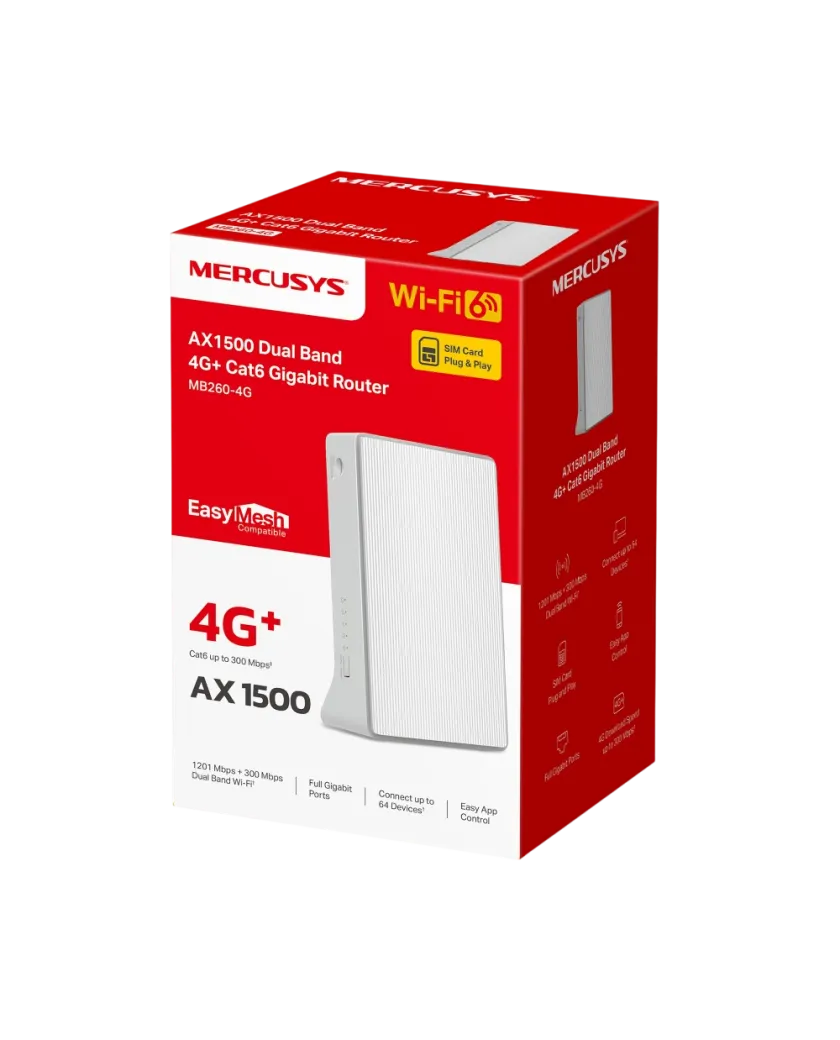 Mercusys MB260-4G AX1500 Wi-Fi 4G+ LTE Router, Build-In 300Mbps 4G LTE Modem