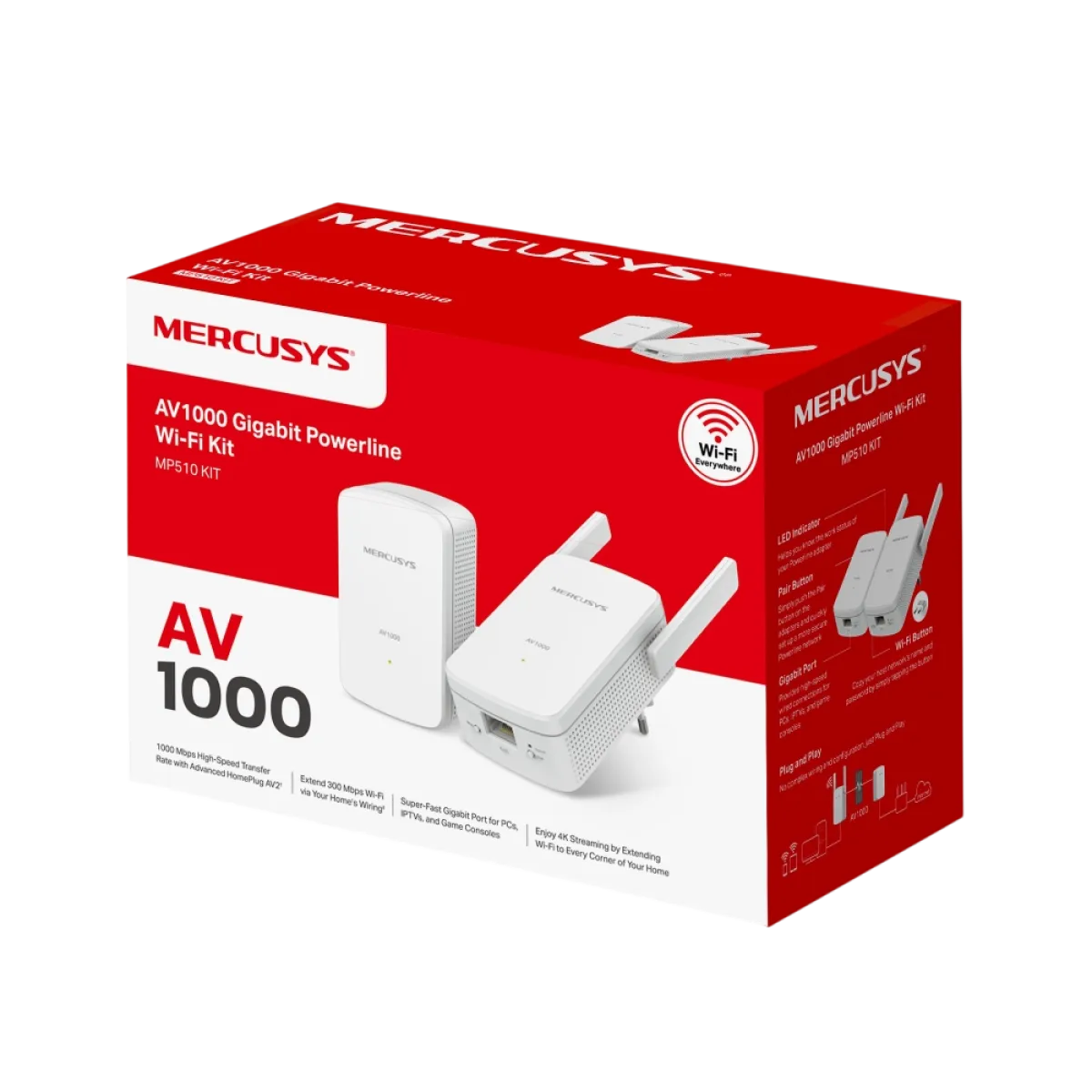 Mercusys MP510 KIT AV1000 Gigabit Powerline N300 Wi-Fi Kit KIT: 1× MP510 + 1× MP500 MP510：SPEED: 300 Mbps at 2.4 GHz, 1000 Mbps Powerline