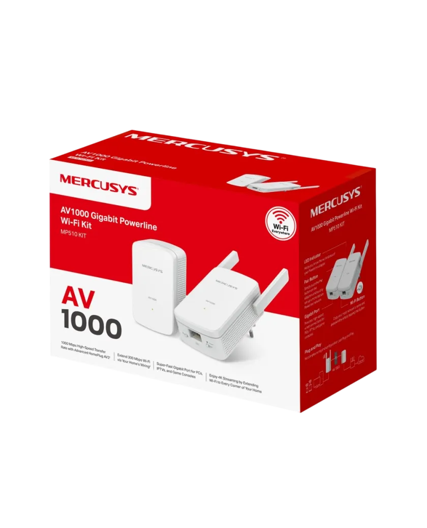 Mercusys MP510 KIT AV1000 Gigabit Powerline N300 Wi-Fi Kit KIT: 1× MP510 + 1× MP500 MP510：SPEED: 300 Mbps at 2.4 GHz, 1000 Mbps Powerline