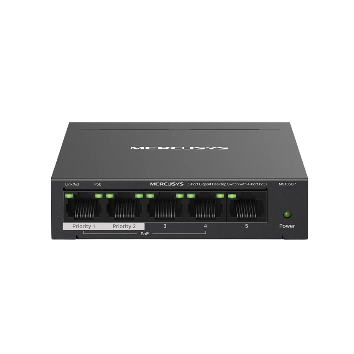 Mercusys MS105GP 5-Port Gigabit Desktop Switch with 4-Port PoE+ PORT: 4× Gigabit PoE+ Ports, 1× Gigabit Non-PoE Port