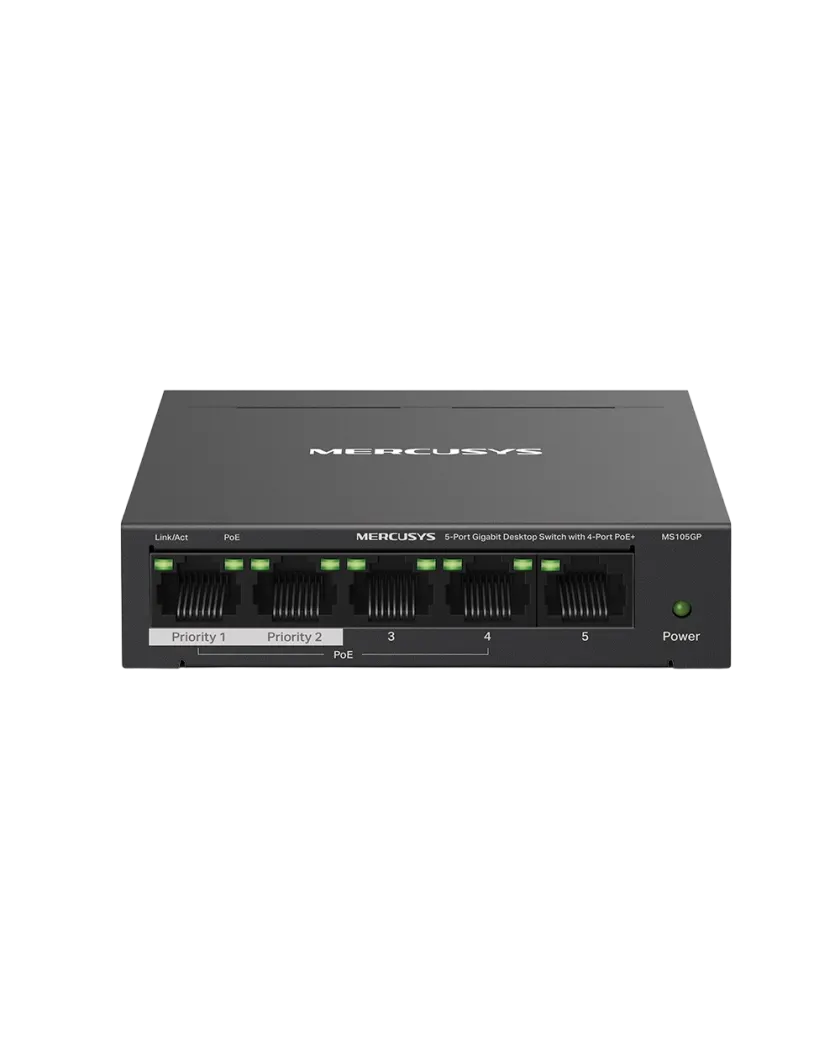 Mercusys MS105GP 5-Port Gigabit Desktop Switch with 4-Port PoE+ PORT: 4× Gigabit PoE+ Ports, 1× Gigabit Non-PoE Port