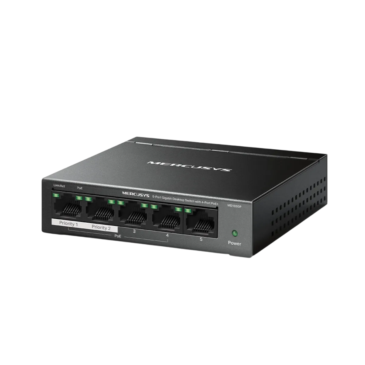 Mercusys MS105GP 5-Port Gigabit Desktop Switch with 4-Port PoE+ PORT: 4× Gigabit PoE+ Ports, 1× Gigabit Non-PoE Port