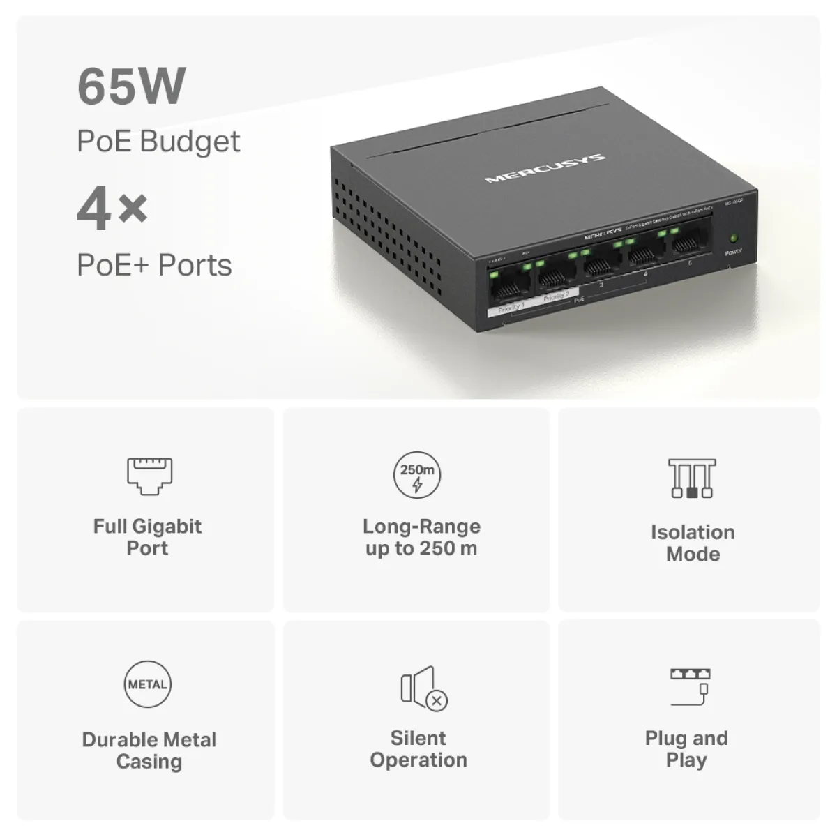 Mercusys MS105GP 5-Port Gigabit Desktop Switch with 4-Port PoE+ PORT: 4× Gigabit PoE+ Ports, 1× Gigabit Non-PoE Port