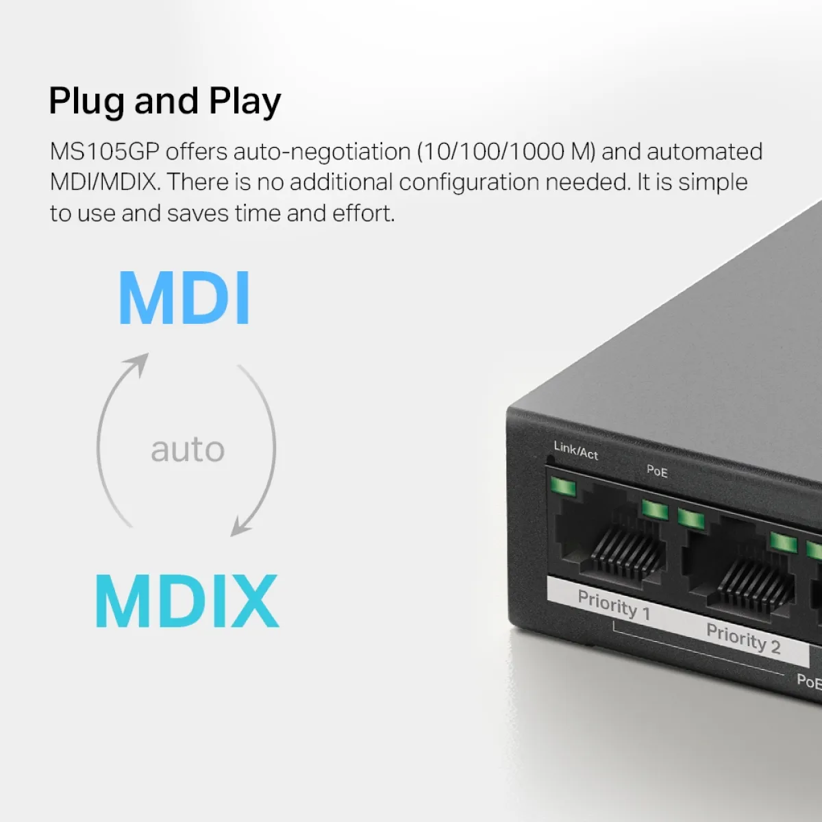 Mercusys MS105GP 5-Port Gigabit Desktop Switch with 4-Port PoE+ PORT: 4× Gigabit PoE+ Ports, 1× Gigabit Non-PoE Port