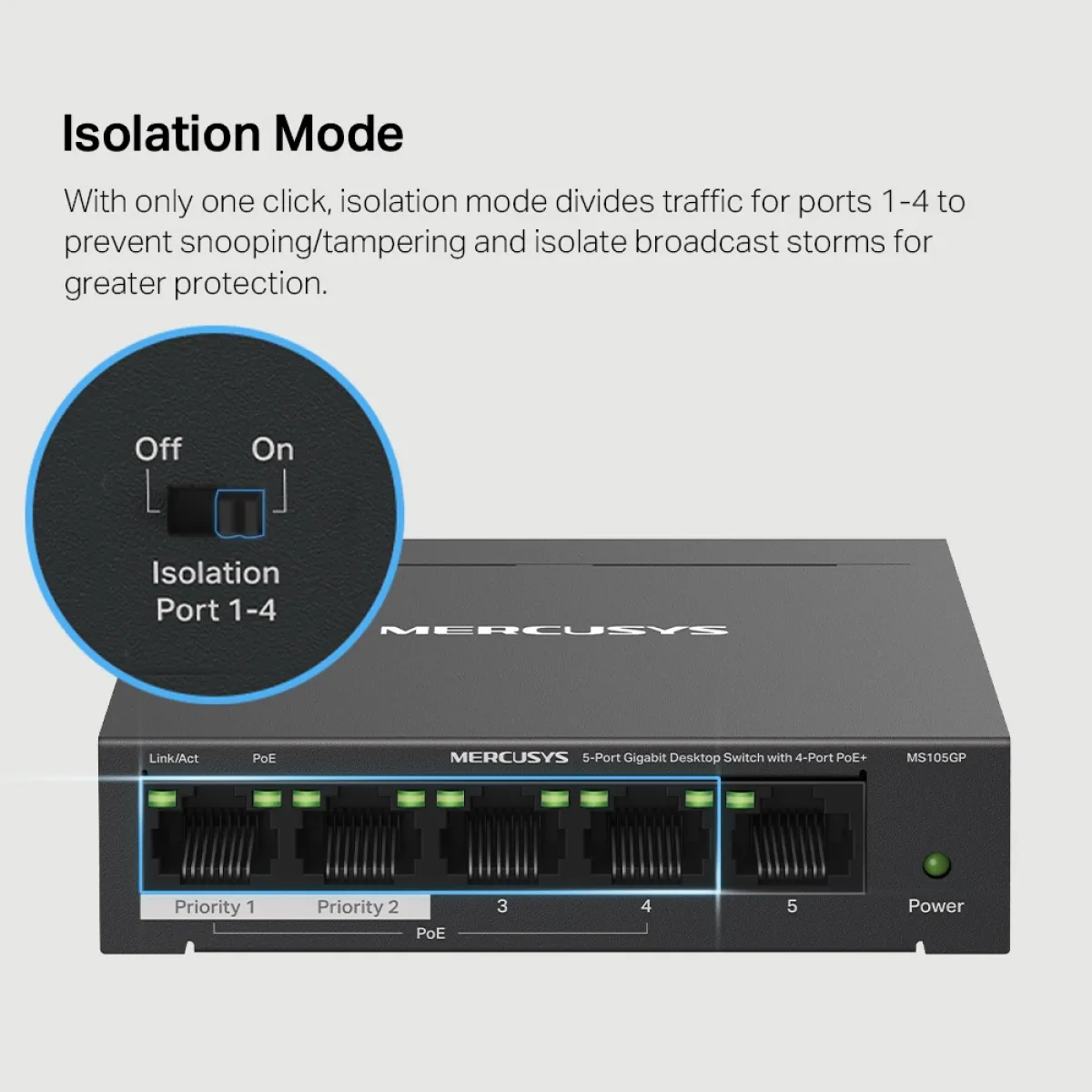 Mercusys MS105GP 5-Port Gigabit Desktop Switch with 4-Port PoE+ PORT: 4× Gigabit PoE+ Ports, 1× Gigabit Non-PoE Port