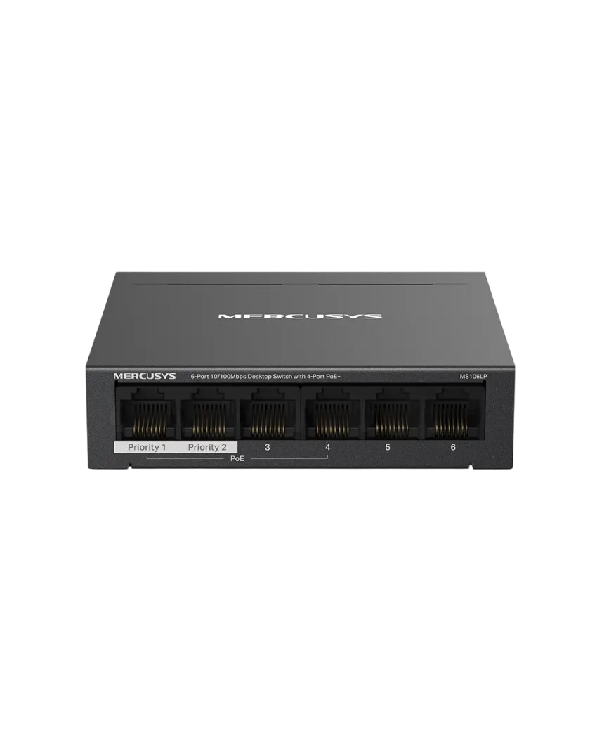 Mercusys MS106LP 6-Port 10/100 Mbps Desktop Switch with 4-Port PoE+ PORT: 4× 10/100 Mbps PoE+ Ports, 2× 10/100 Mbps Non-PoE Ports
