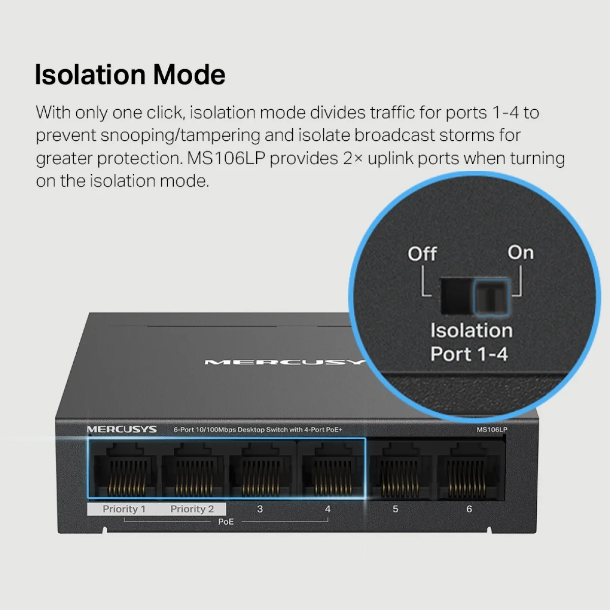 Mercusys MS106LP 6-Port 10/100 Mbps Desktop Switch with 4-Port PoE+ PORT: 4× 10/100 Mbps PoE+ Ports, 2× 10/100 Mbps Non-PoE Ports