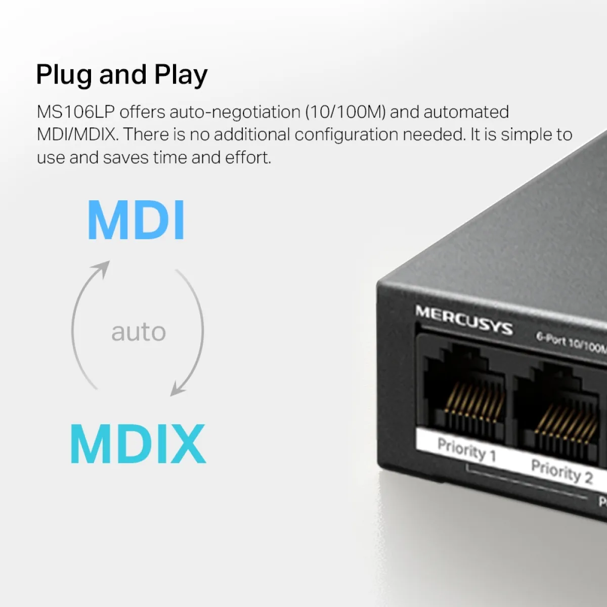 Mercusys MS106LP 6-Port 10/100 Mbps Desktop Switch with 4-Port PoE+ PORT: 4× 10/100 Mbps PoE+ Ports, 2× 10/100 Mbps Non-PoE Ports