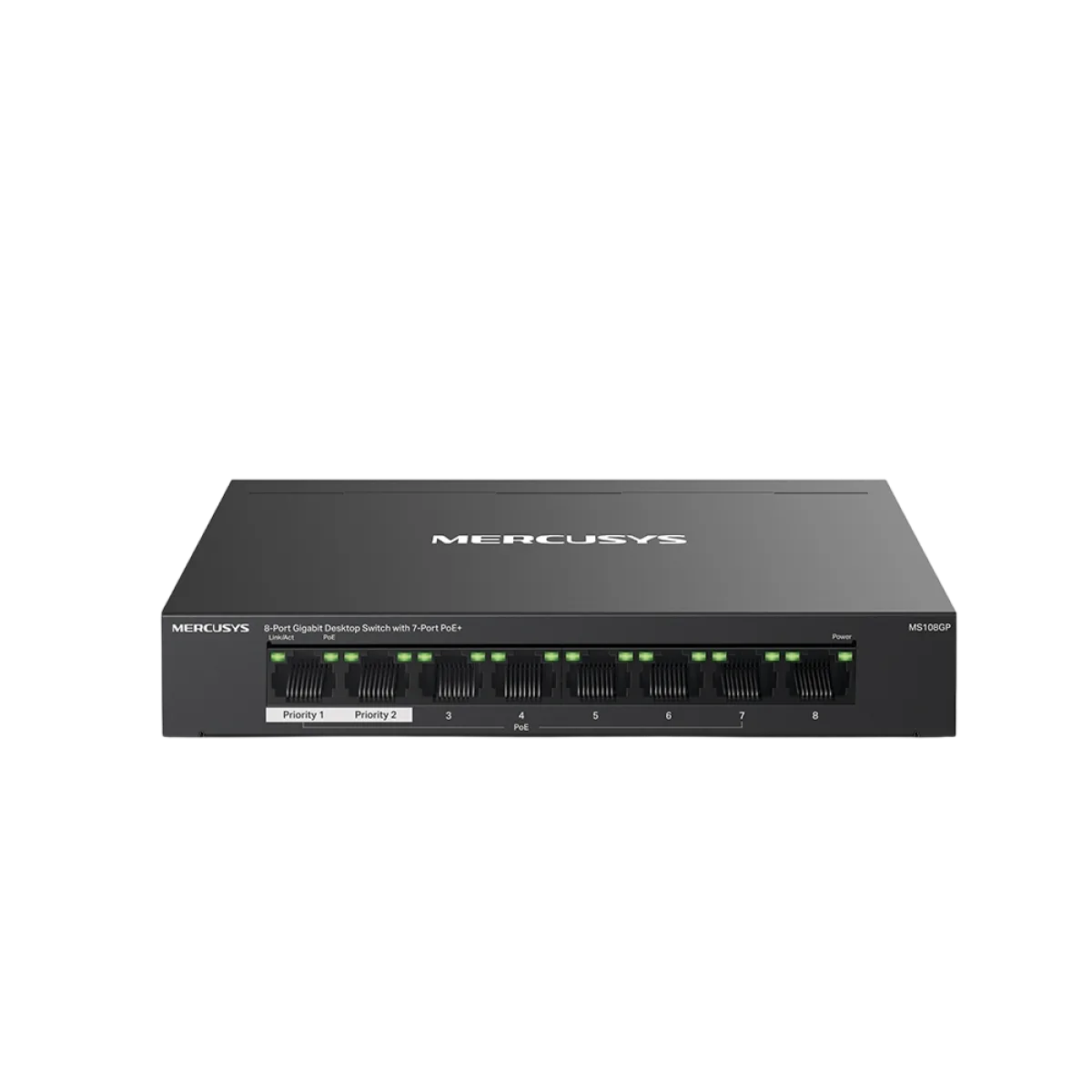 Mercusys MS108GP 8-Port Gigabit Desktop Switch with 7-Port PoE+ PORT: 7× Gigabit PoE+ Ports, 1× Gigabit Non-PoE Ports