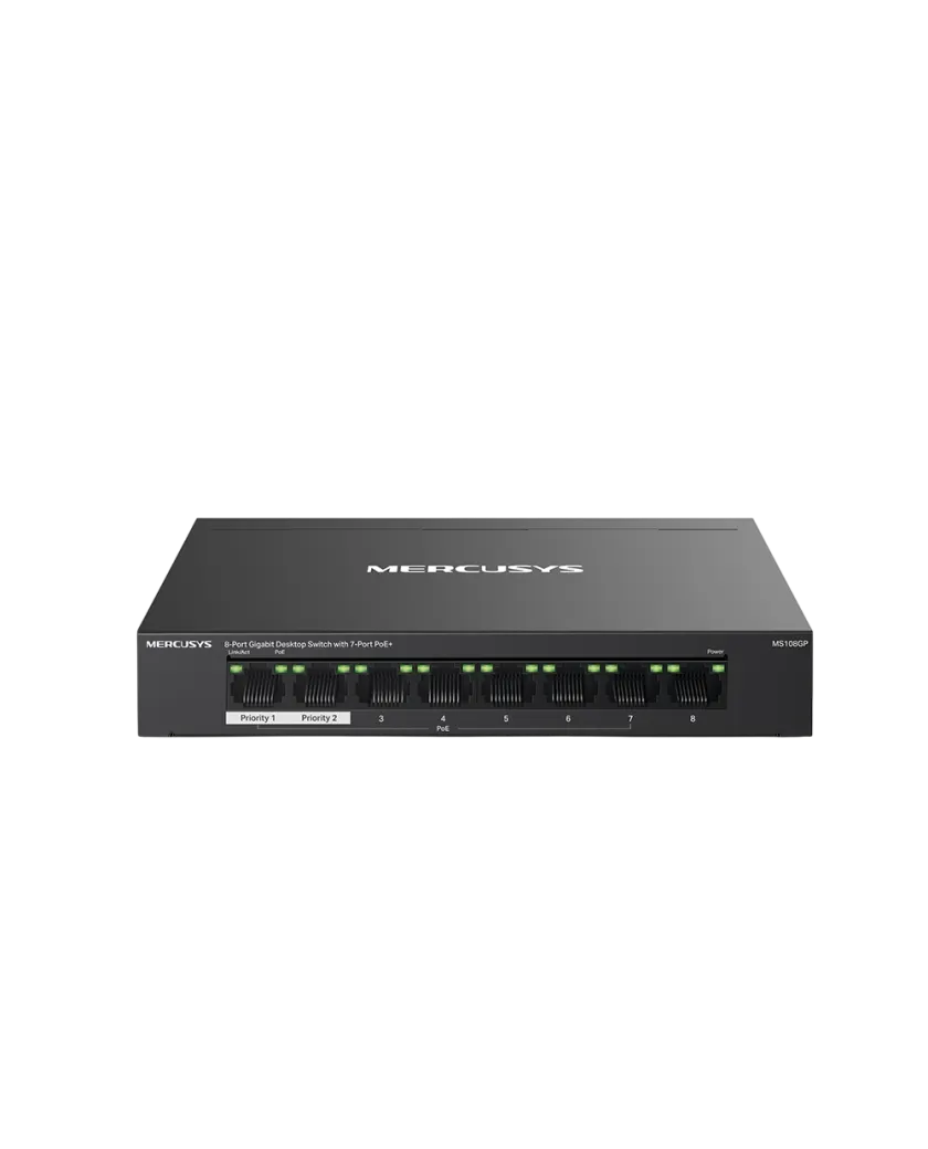 Mercusys MS108GP 8-Port Gigabit Desktop Switch with 7-Port PoE+ PORT: 7× Gigabit PoE+ Ports, 1× Gigabit Non-PoE Ports