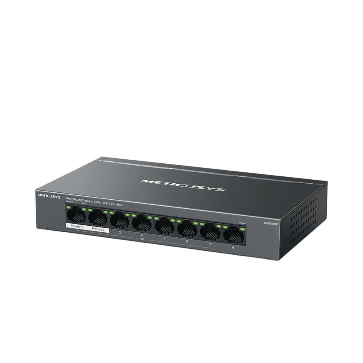 Mercusys MS108GP 8-Port Gigabit Desktop Switch with 7-Port PoE+ PORT: 7× Gigabit PoE+ Ports, 1× Gigabit Non-PoE Ports