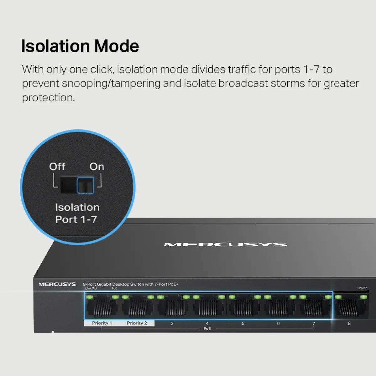 Mercusys MS108GP 8-Port Gigabit Desktop Switch with 7-Port PoE+ PORT: 7× Gigabit PoE+ Ports, 1× Gigabit Non-PoE Ports