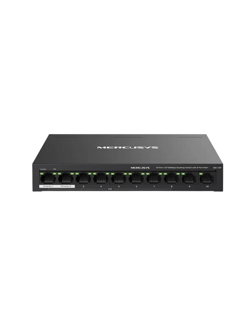 Mercusys MS110P 10-Port 10/100Mbps Desktop Switch with 8-Port PoE+ PORT: 8× 10/100 Mbps PoE+ Ports, 2× 10/100 Mbps Non-PoE Ports