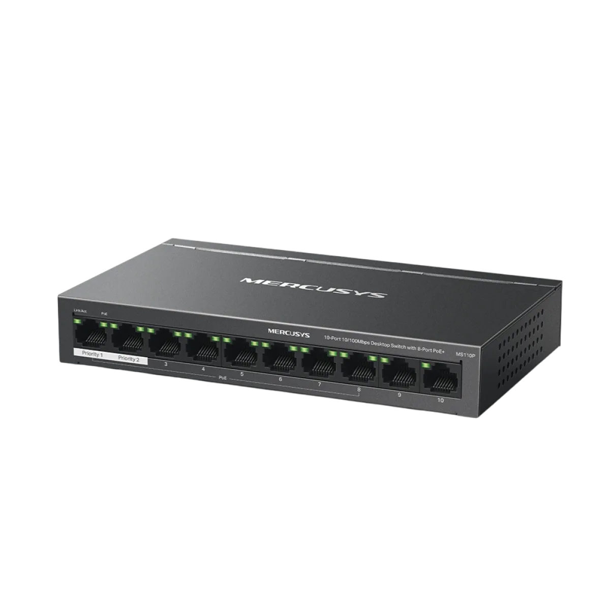 Mercusys MS110P 10-Port 10/100Mbps Desktop Switch with 8-Port PoE+ PORT: 8× 10/100 Mbps PoE+ Ports, 2× 10/100 Mbps Non-PoE Ports