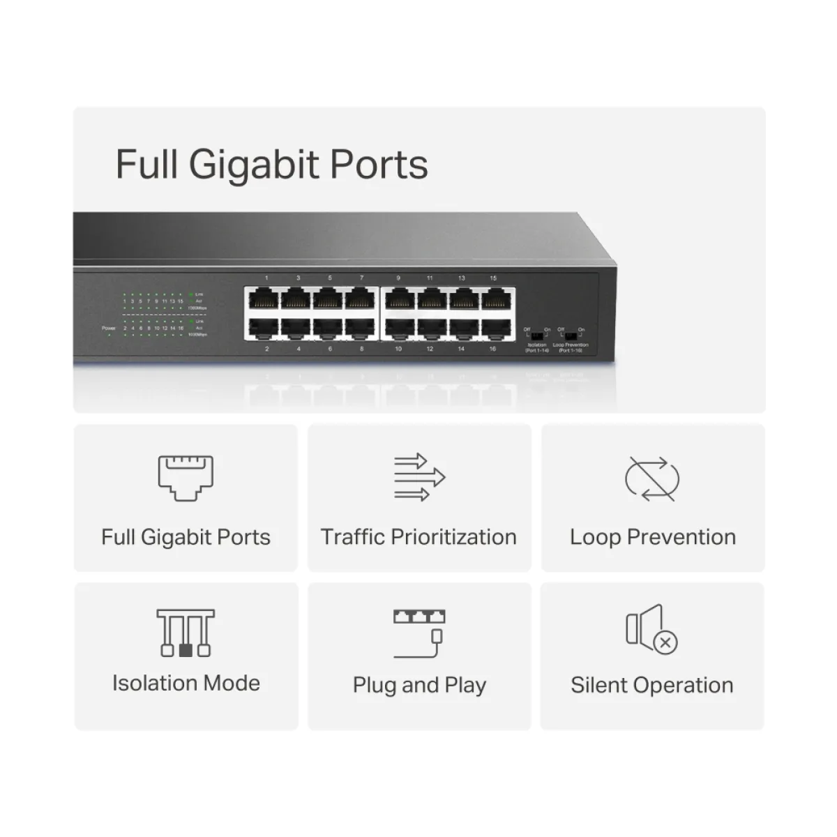 Mercusys MS116GS 16-Port Gigabit Desktop/Rackmount Switch PORT: 16× Gigabit RJ45 Ports