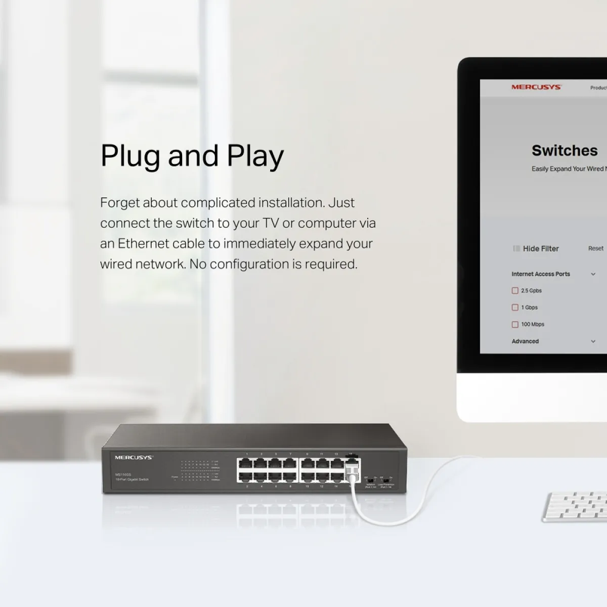 Mercusys MS116GS 16-Port Gigabit Desktop/Rackmount Switch PORT: 16× Gigabit RJ45 Ports