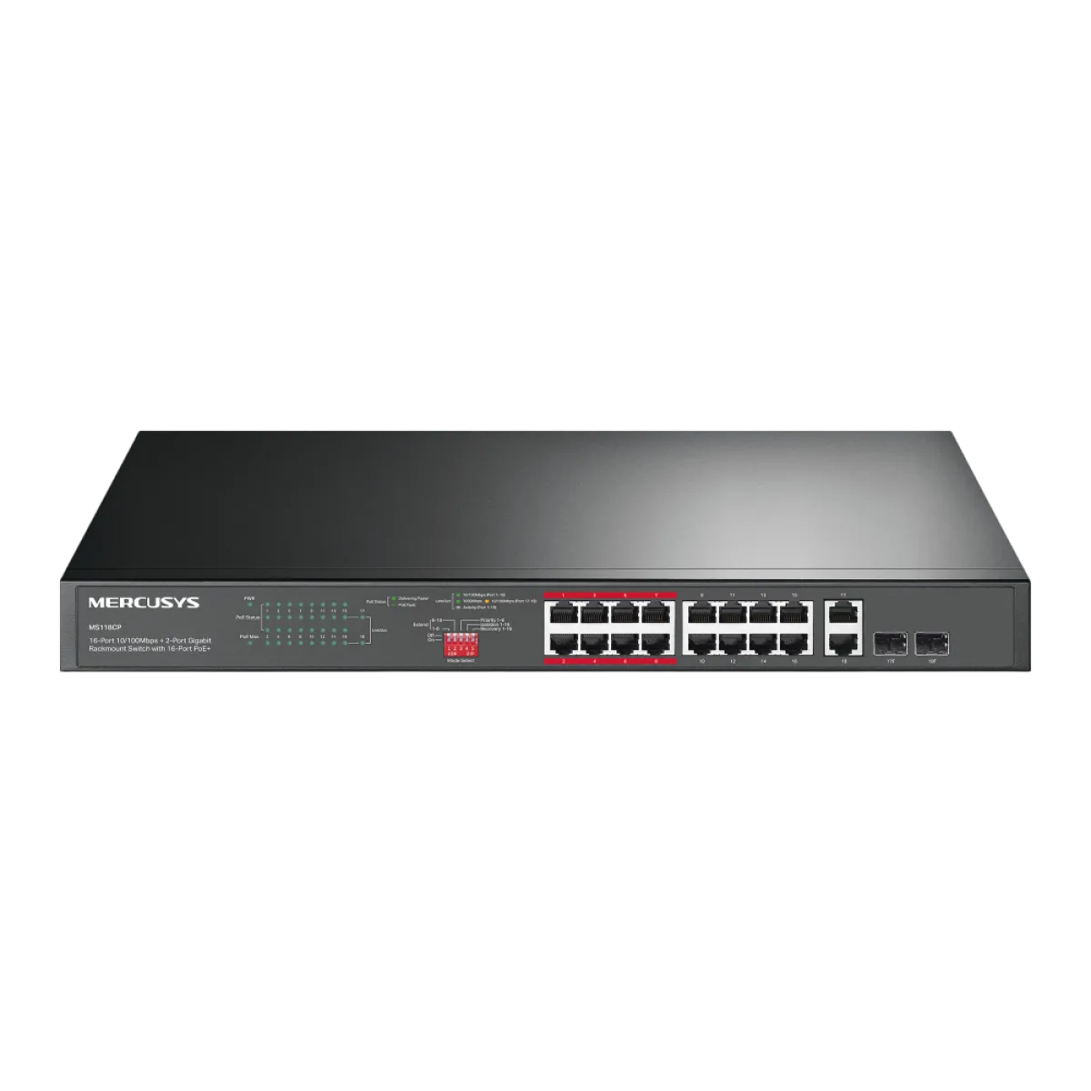Mercusys MS118CP / 16-портовый коммутатор для установки в стойку 10/100 Мбит/с + 2-портовый гигабитный коммутатор с поддержкой PoE+ на 16 портов