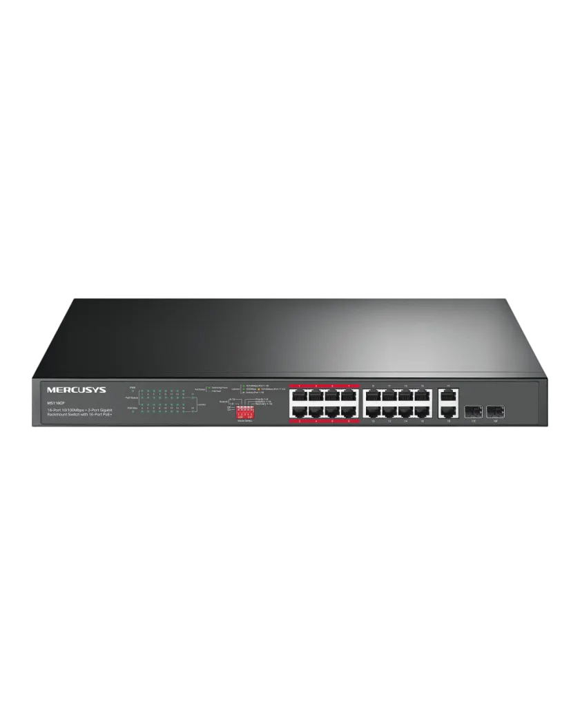 Mercusys MS118CP / 16-портовый коммутатор для установки в стойку 10/100 Мбит/с + 2-портовый гигабитный коммутатор с поддержкой PoE+ на 16 портов