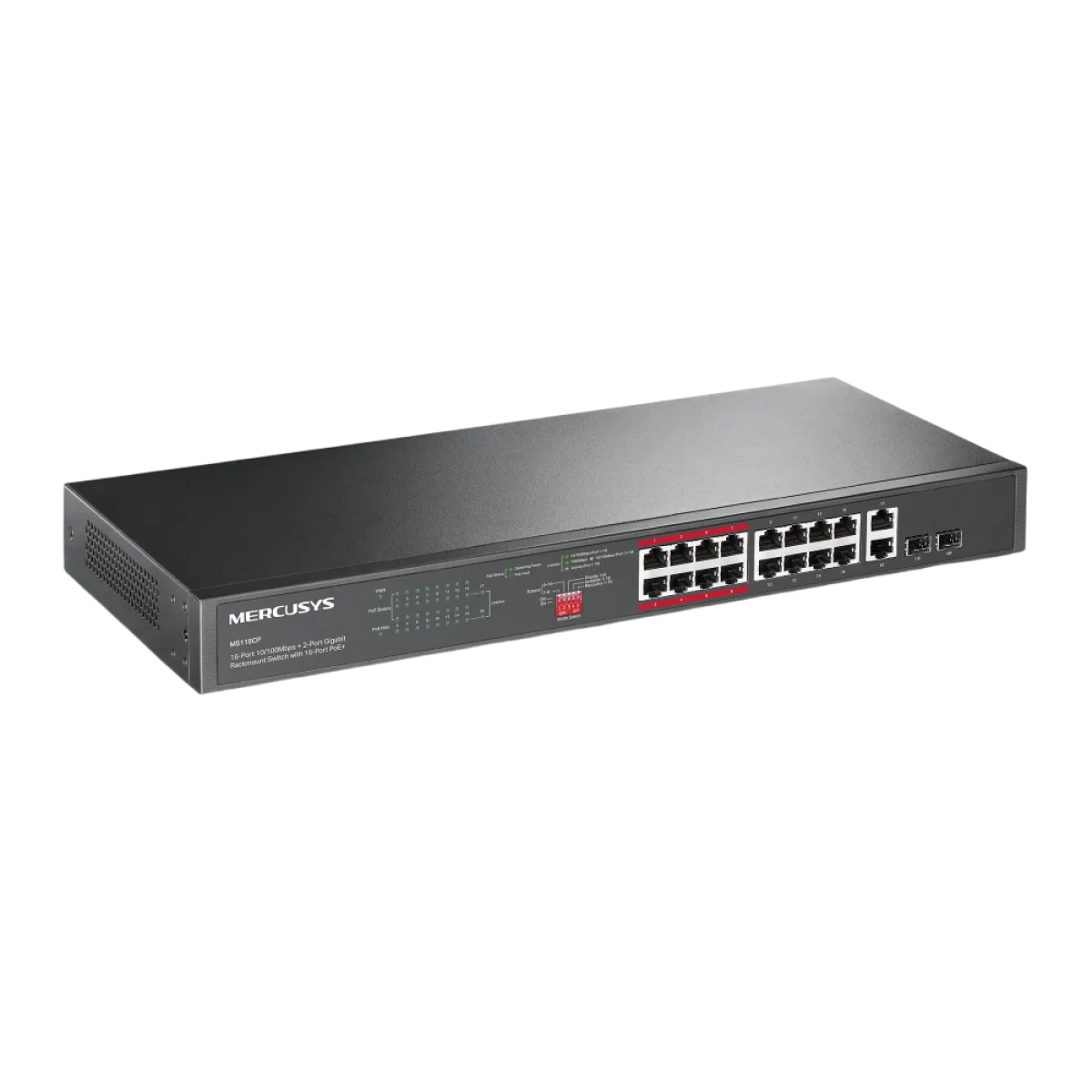 Mercusys MS118CP / 16-портовый коммутатор для установки в стойку 10/100 Мбит/с + 2-портовый гигабитный коммутатор с поддержкой PoE+ на 16 портов
