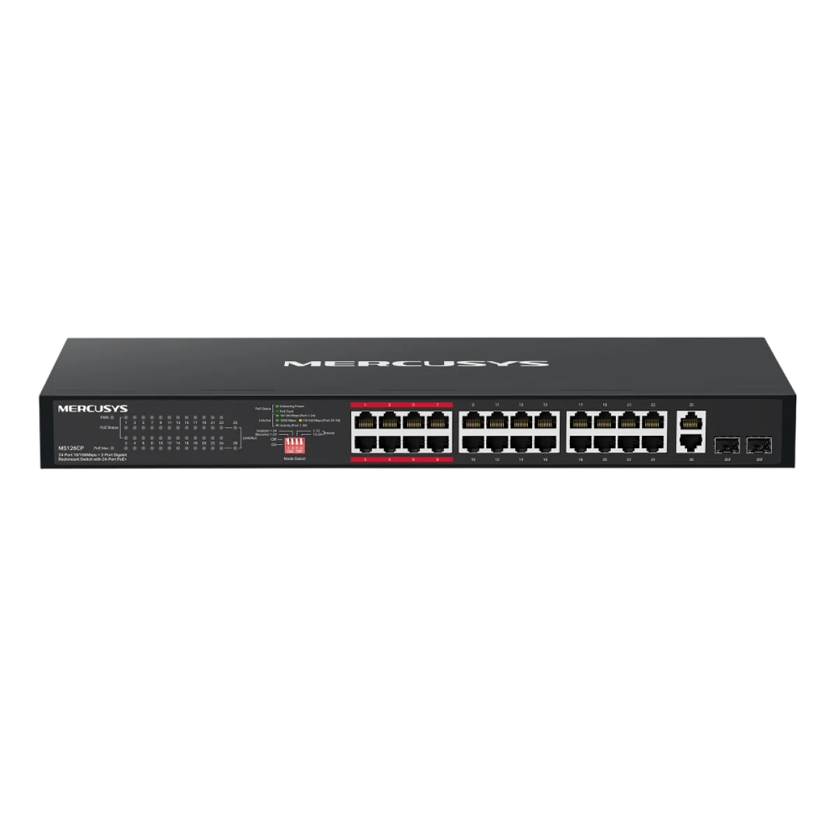 Mercusys MS126CP / 24-портовый коммутатор для установки в стойку 10/100 Мбит/с + 2-портовый гигабитный коммутатор с поддержкой PoE+ на 24 портах