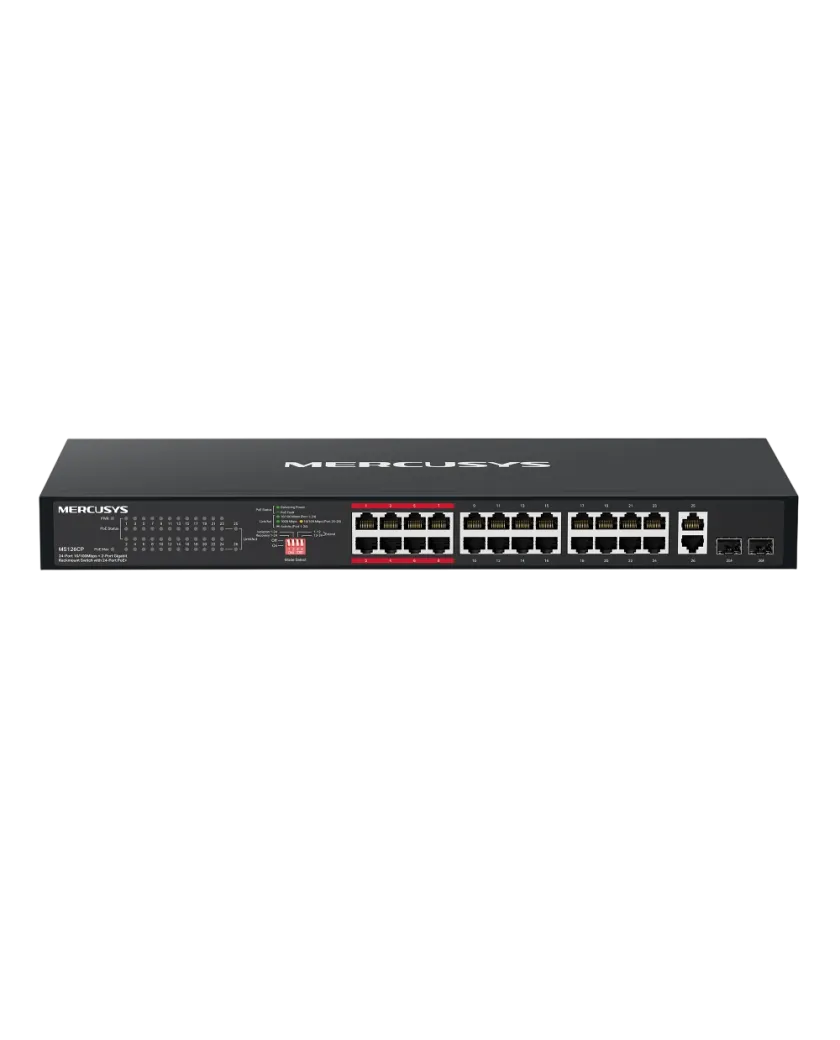 Mercusys MS126CP / 24-портовый коммутатор для установки в стойку 10/100 Мбит/с + 2-портовый гигабитный коммутатор с поддержкой PoE+ на 24 портах