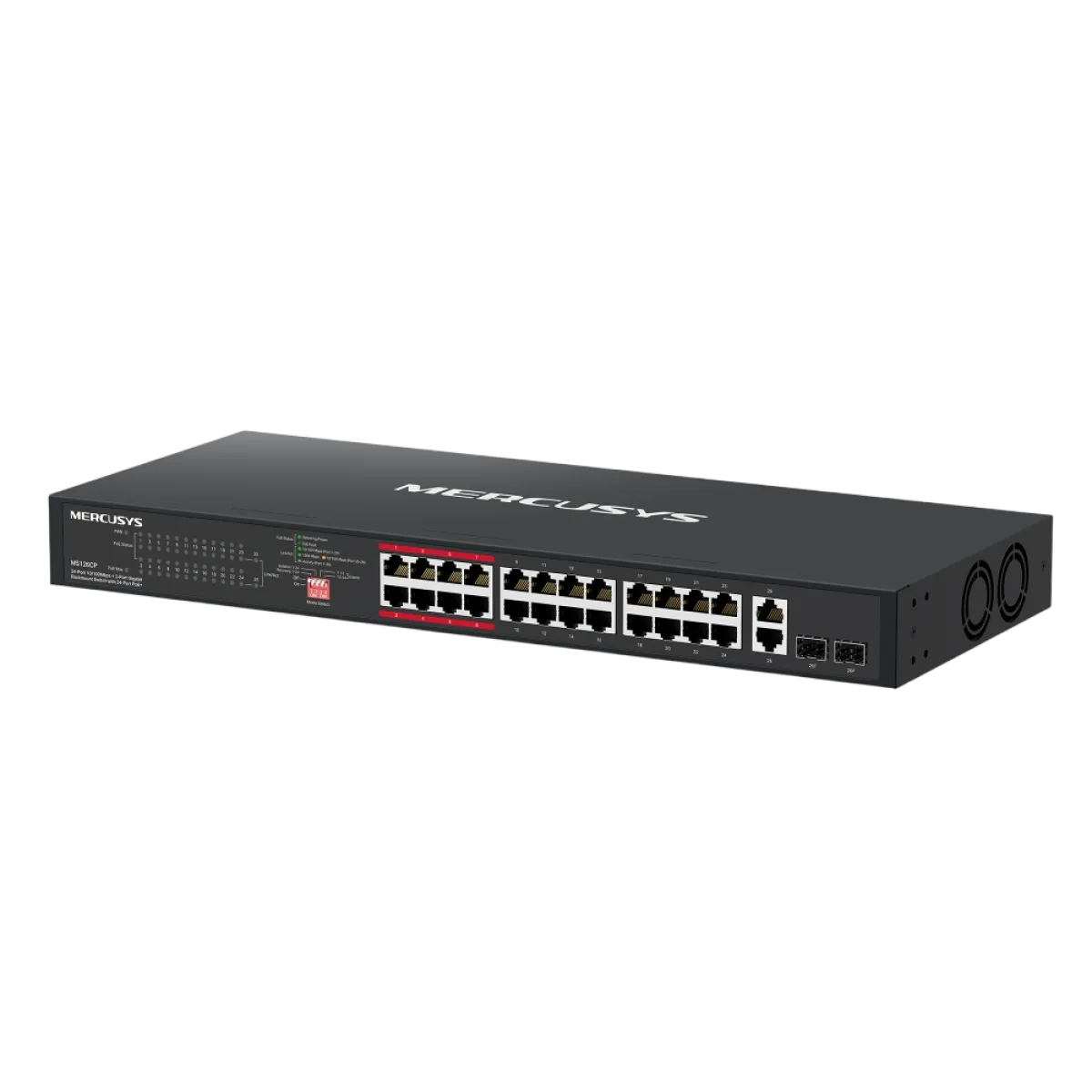 Mercusys MS126CP / 24-портовый коммутатор для установки в стойку 10/100 Мбит/с + 2-портовый гигабитный коммутатор с поддержкой PoE+ на 24 портах