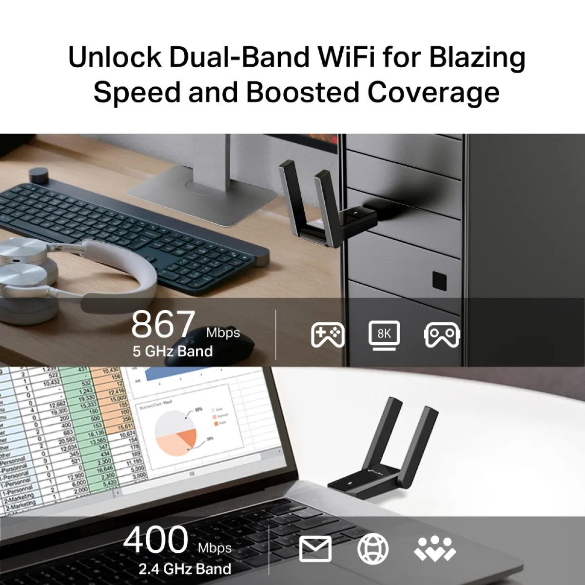 TP-Link Archer T5U Plus / AC1300 Двухдиапазонный USB-адаптер Wi-Fi с двумя антеннами