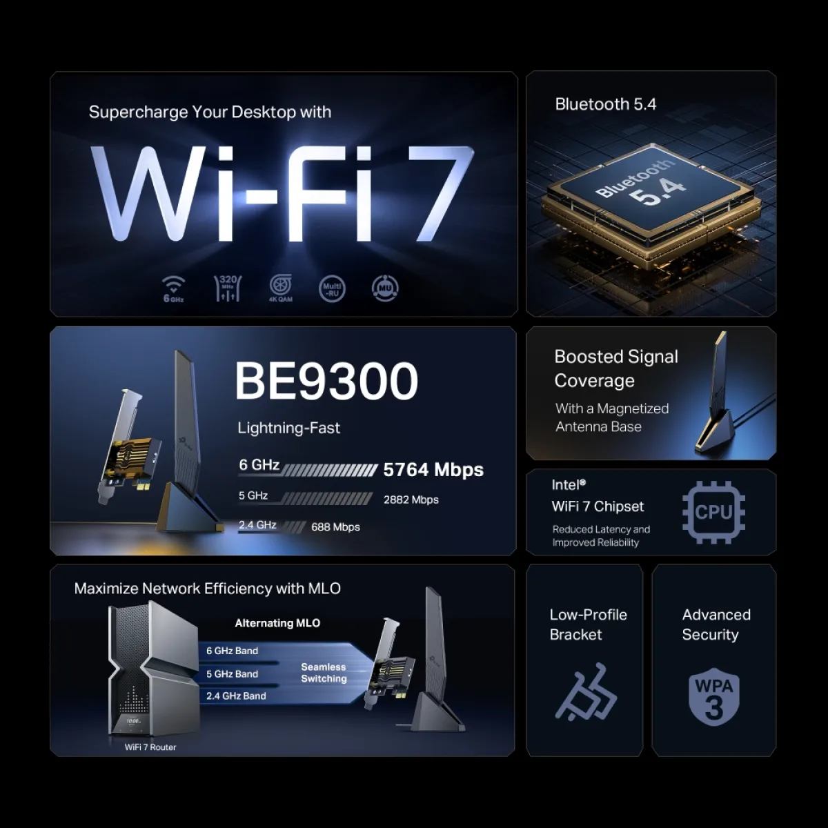 TP-Link Archer TBE553E / BE9300 Трёхдиапазонный PCIe-адаптер Wi-Fi 7 и Bluetooth 5.4