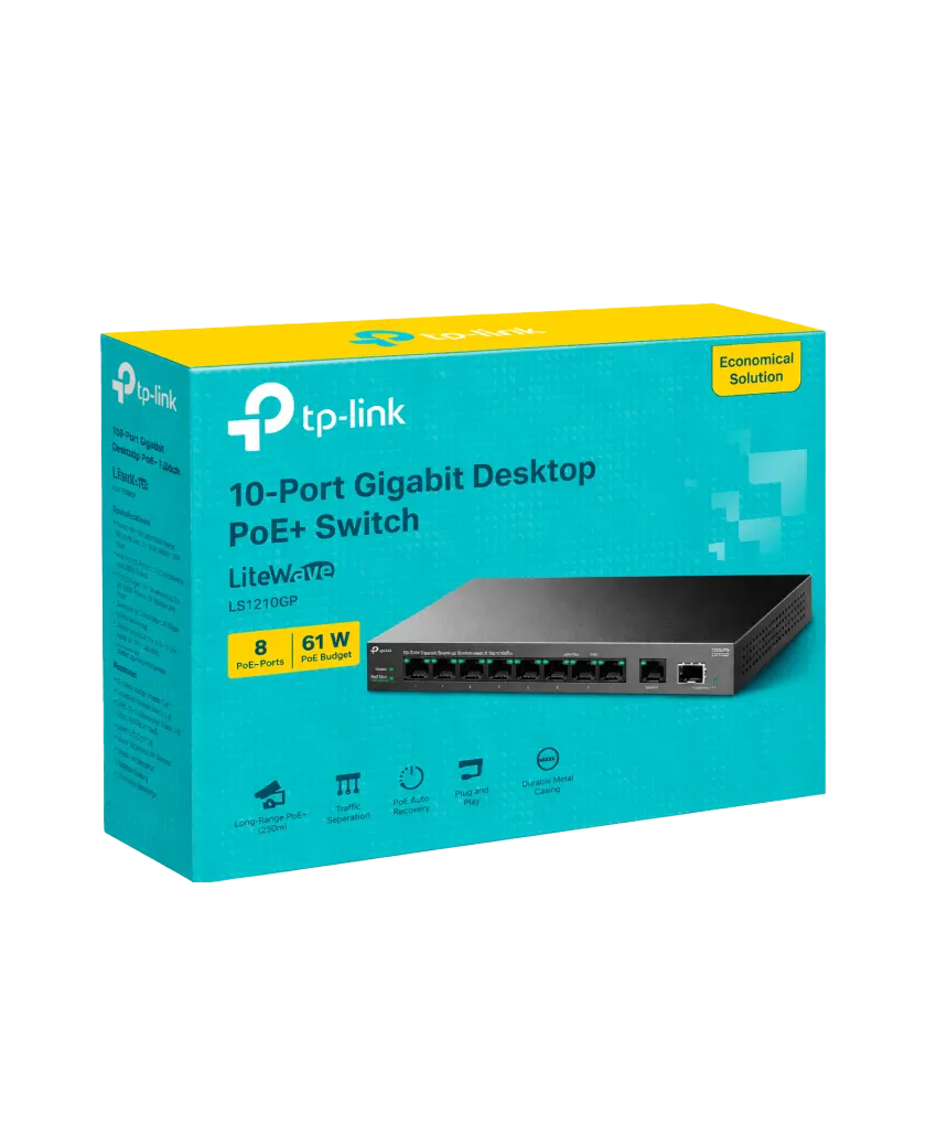 TP-Link LS1210GP / Настольный гигабитный коммутатор на 10 портов с поддержкой PoE+ на 8 портов.