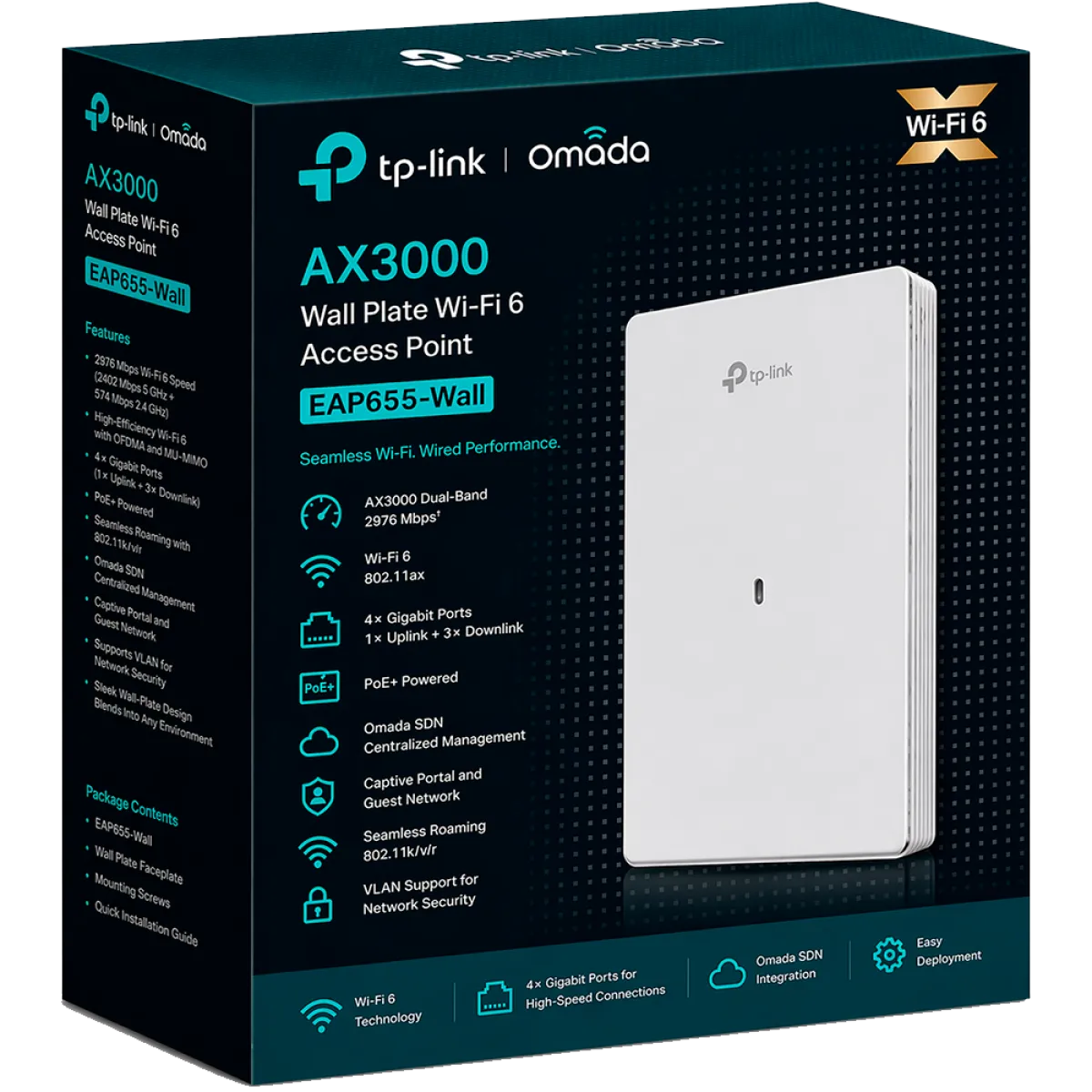 TP-Link Omada EAP655-Wall / AX3000 Гигабитная беспроводная точка доступа Wi-Fi 6, встраиваемая в стену