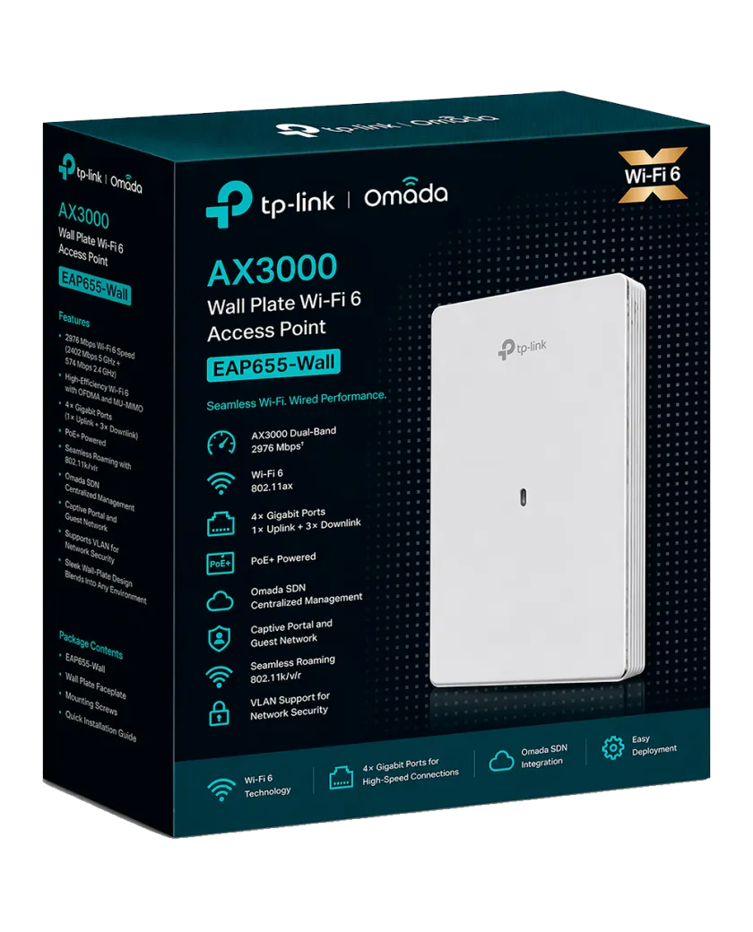 TP-Link Omada EAP655-Wall / AX3000 Гигабитная беспроводная точка доступа Wi-Fi 6, встраиваемая в стену