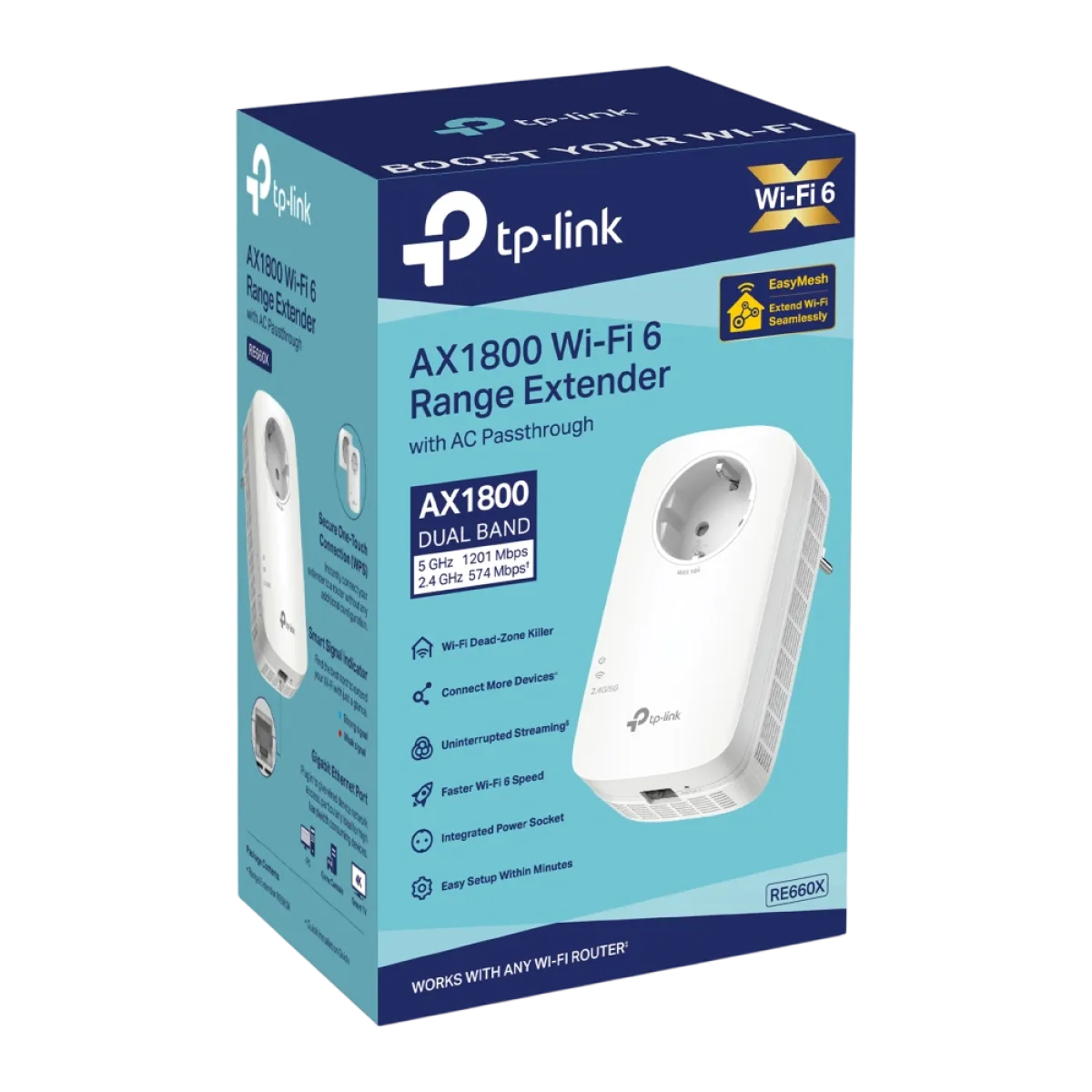 TP-Link RE660X / AX1800 Двухдиапазонный усилитель сигнала Wi-Fi 6 с проходной розеткой, EasyMesh и Gigabit Ethernet
