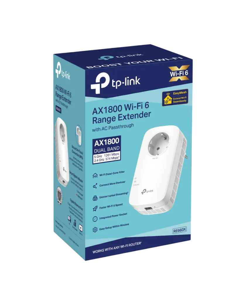 TP-Link RE660X / AX1800 Двухдиапазонный усилитель сигнала Wi-Fi 6 с проходной розеткой, EasyMesh и Gigabit Ethernet