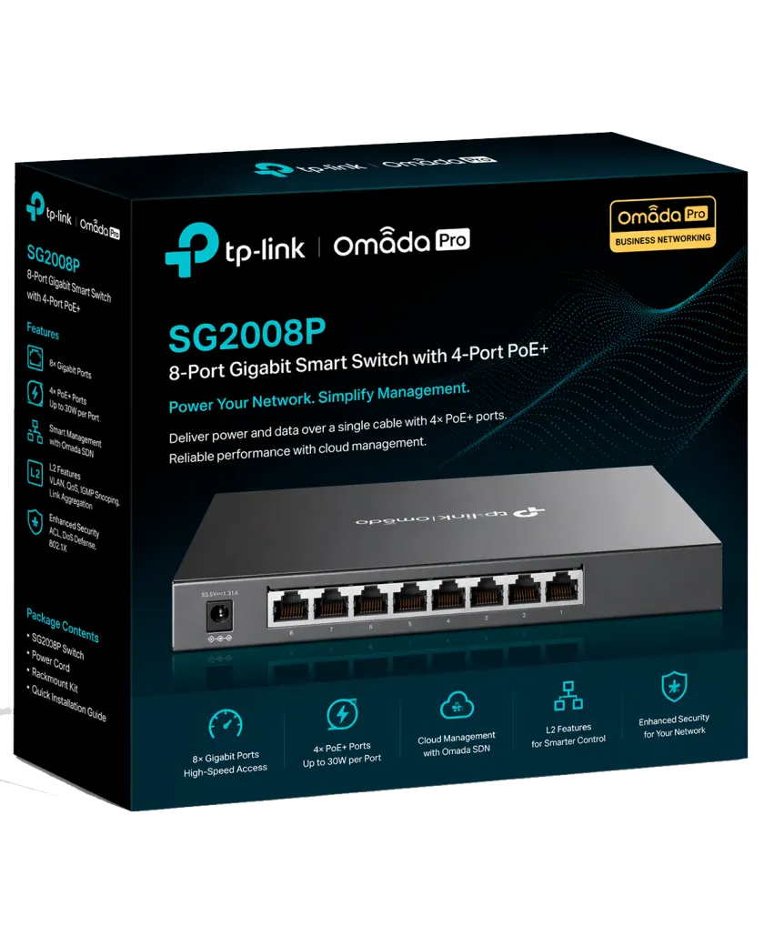 TP-Link Omada SG2008P / Интеллектуальный гигабитный коммутатор с 8 портами и поддержкой PoE+ с 4 портами.