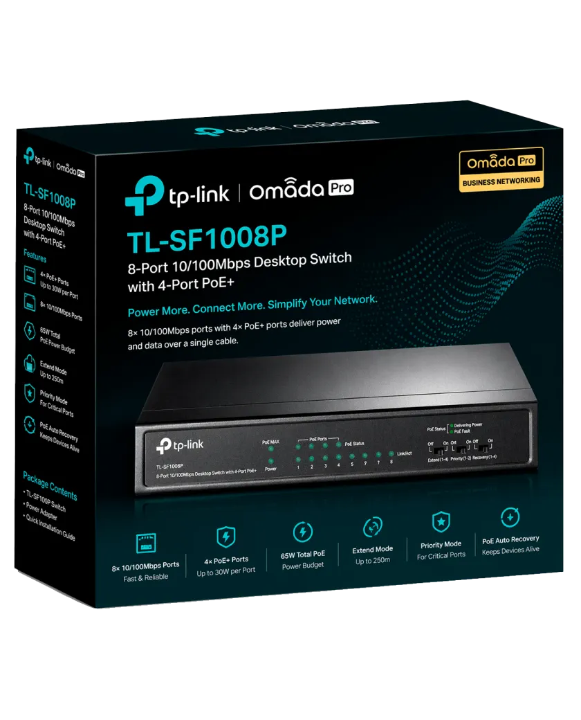 TP-Link TL-SF1008P / 8-портовый настольный коммутатор с 4-портами PoE+