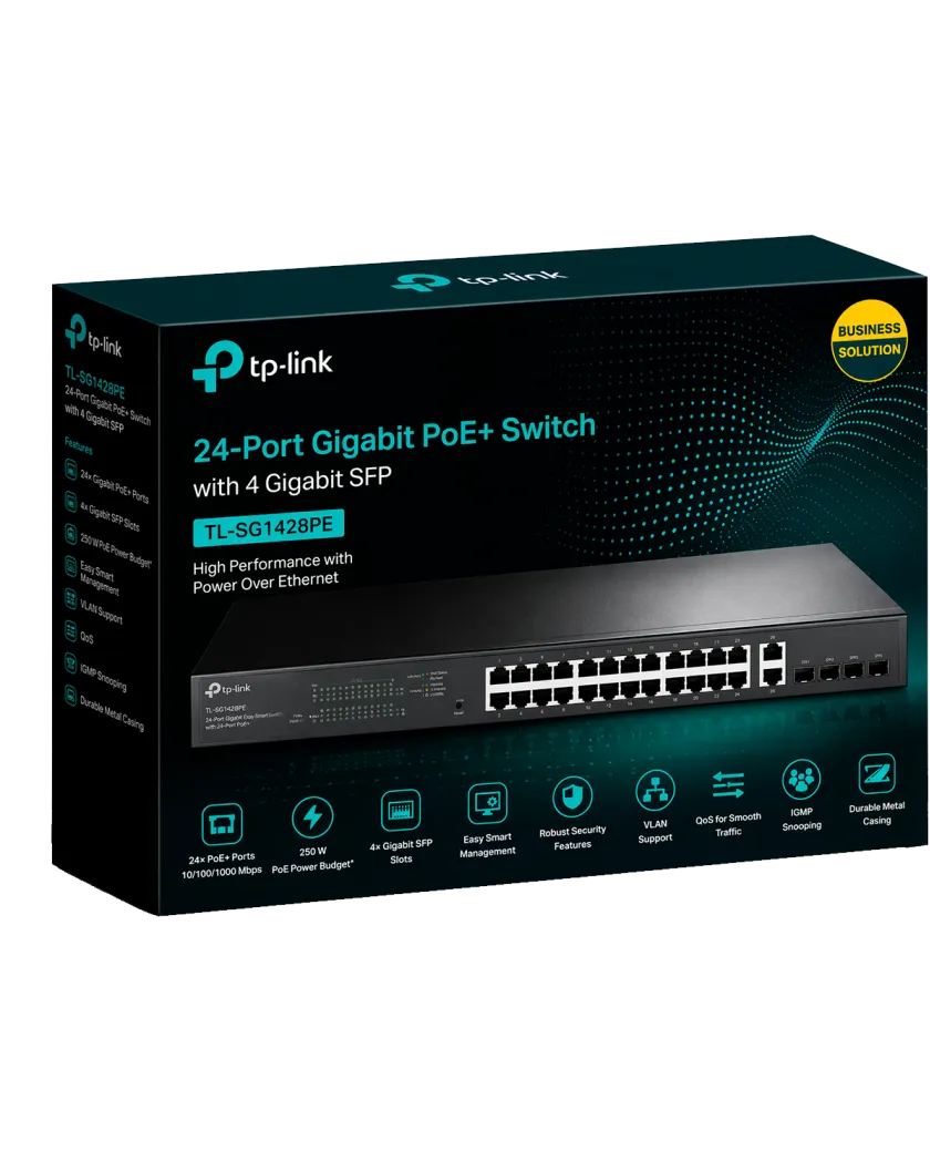TP-Link TL-SG1428PE / Easy Smart гигабитный коммутатор с 24 портами PoE+, 2 портами без РоЕ и 2 SFP слотами