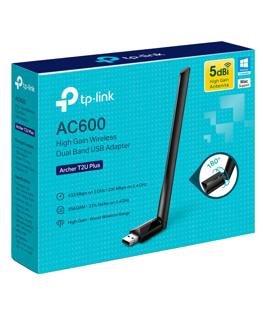 TP-Link Archer T2U Plus / AC600 Двухдиапазонный беспроводной USB-адаптер высокого усиления