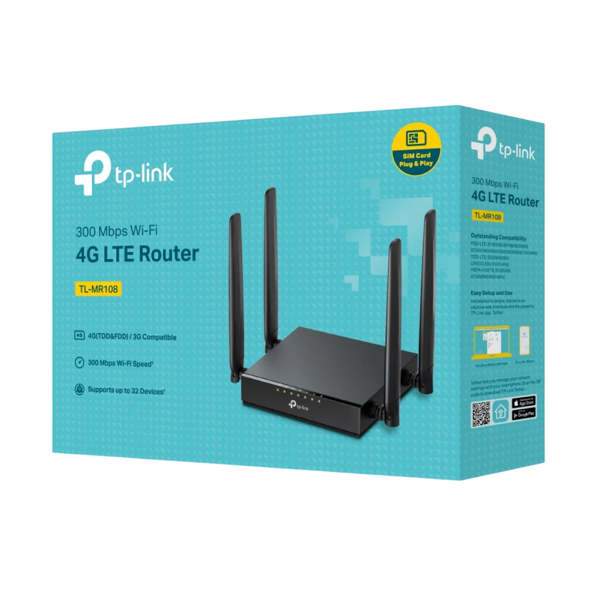 TP-Link TL-MR108 / N300 Беспроводной 4G LTE-роутер Wi-Fi 4 с Nano-SIM, 4×Ethernet и 4 внешними антеннами
