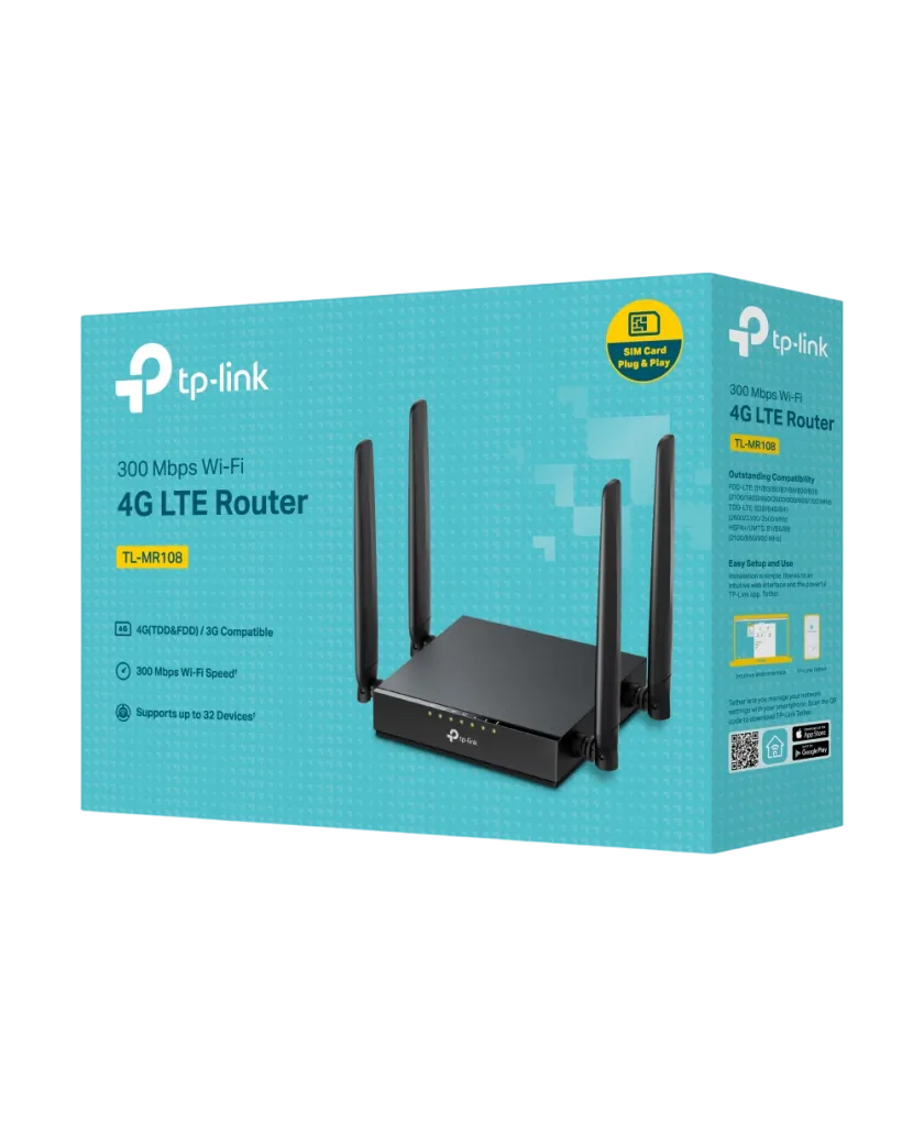 TP-Link TL-MR108 / N300 Беспроводной 4G LTE-роутер Wi-Fi 4 с Nano-SIM, 4×Ethernet и 4 внешними антеннами