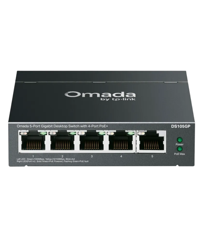TP-Link Omada DS105GP / 5-портовый гигабитный неуправляемый рабочий коммутатор с 4-портовым PoE+
