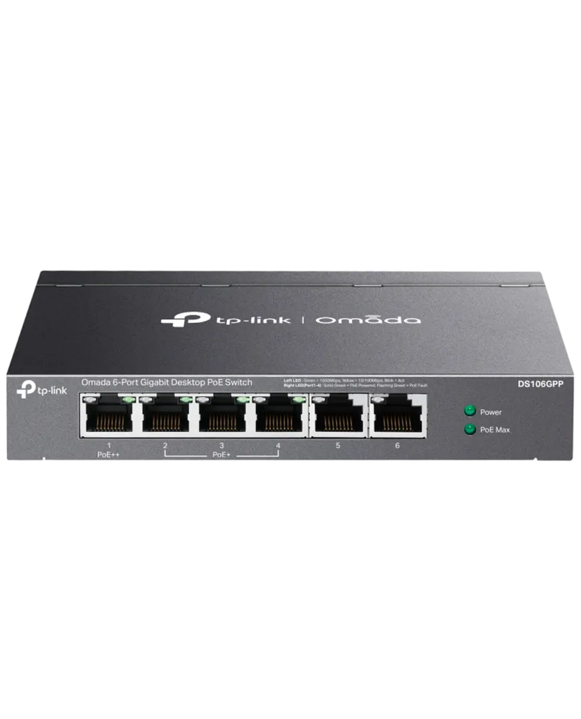 TP-Link Omada DS106GPP / 6-портовый гигабитный неуправляемый настольный коммутатор с 3-портовым PoE+ и 1-портовым PoE++
