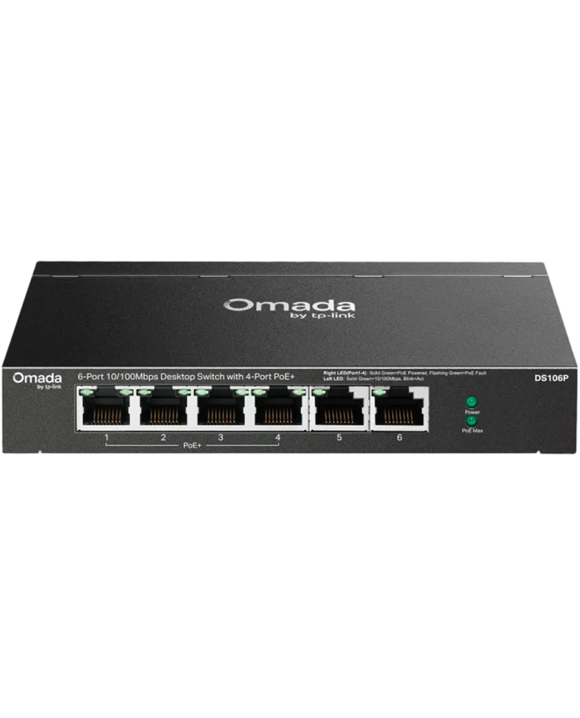 TP-Link Omada DS106P / 6-портовый 10/100 Мбит/с неуправляемый настольный коммутатор с 4-портовым PoE+