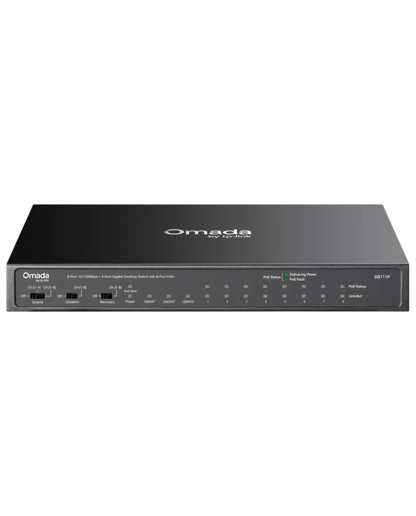 TP-Link Omada DS111P / 8-портовый 10/100 Мбит/с + 3-портовый гигабитный неуправляемый десктопный коммутатор с 8-портовым PoE+